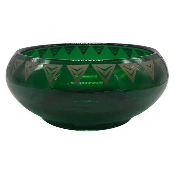 Dalzell Viking Bowl Epic Line Vintage Green Glass Geometric Gold Triangles MCM